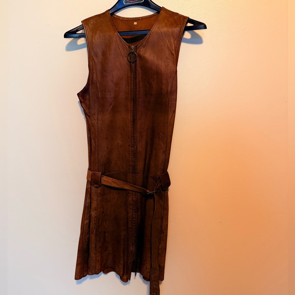 Vintage brown leather mini dress with long zipper LOOK AT PHOTOS, READ PLEASE